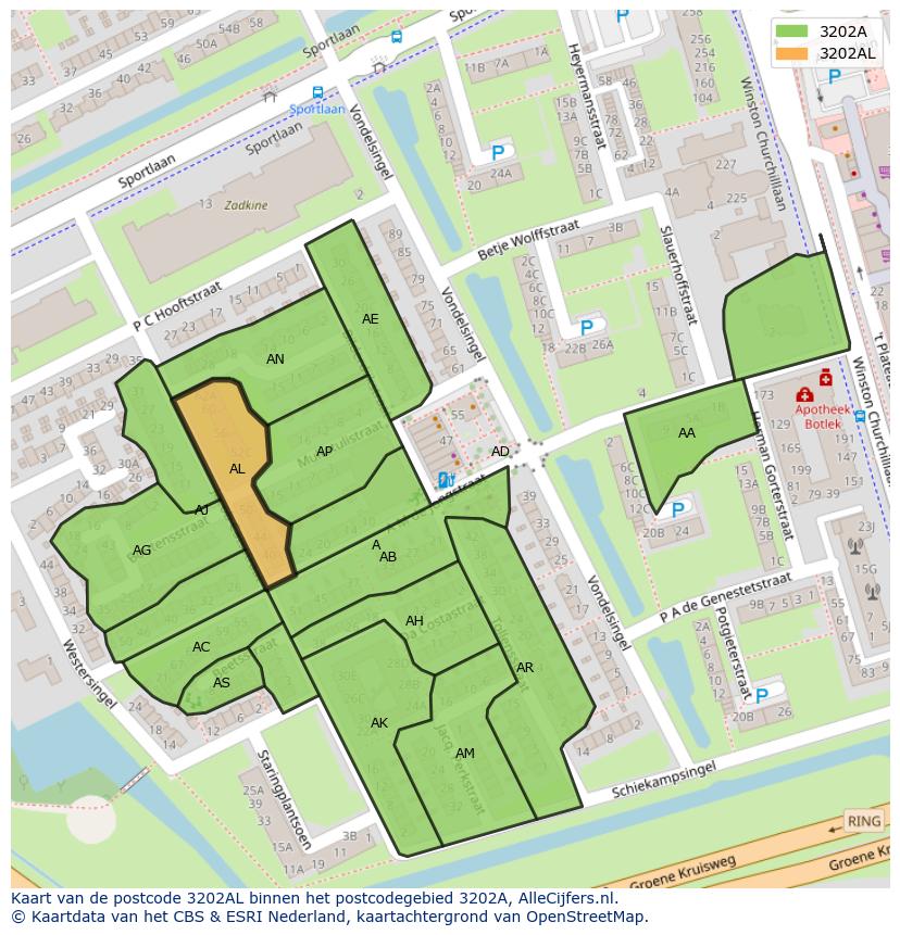 Afbeelding van het postcodegebied 3202 AL op de kaart.