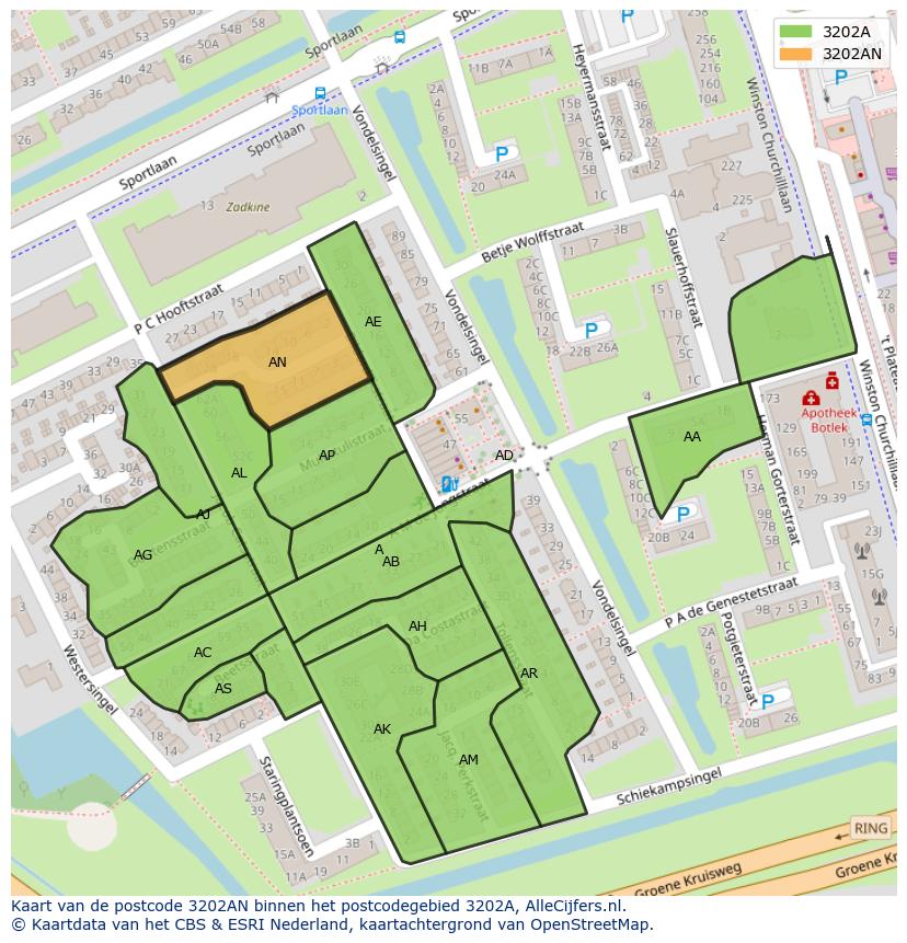 Afbeelding van het postcodegebied 3202 AN op de kaart.