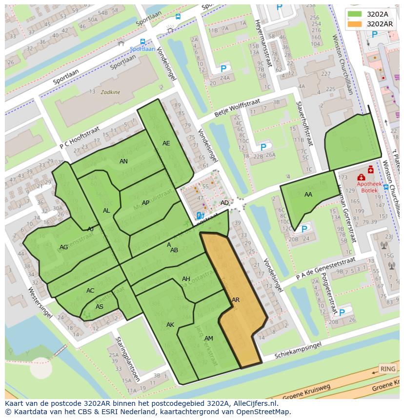 Afbeelding van het postcodegebied 3202 AR op de kaart.