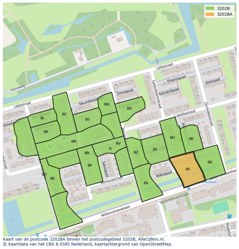 Afbeelding van het postcodegebied 3202 BA op de kaart.
