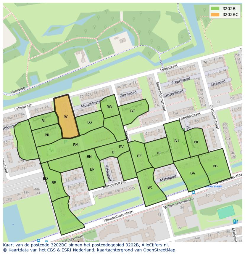 Afbeelding van het postcodegebied 3202 BC op de kaart.