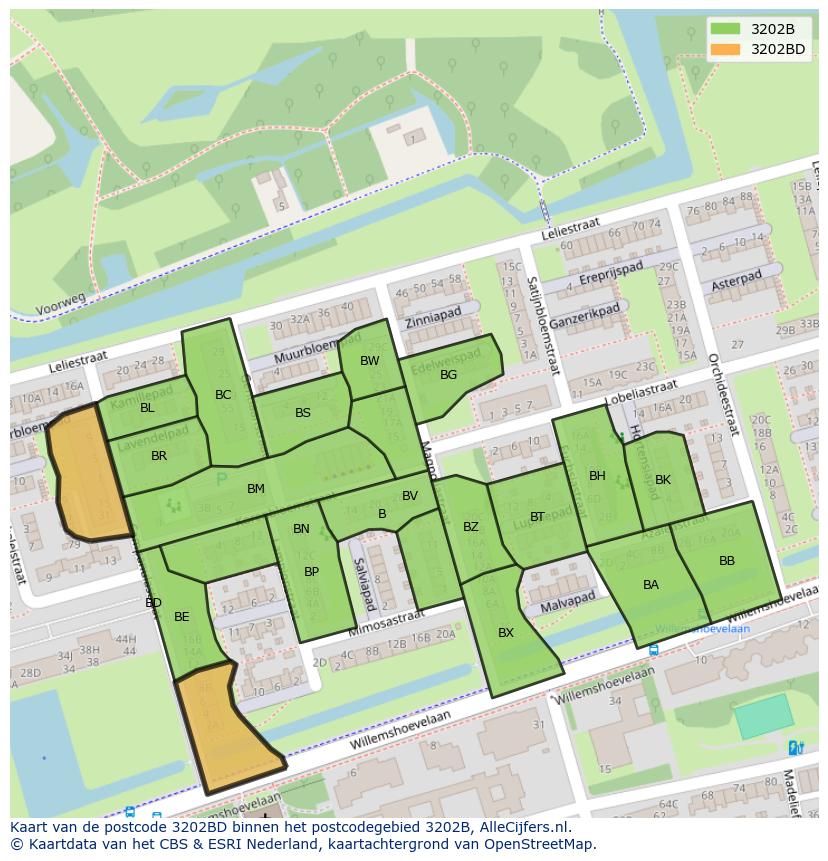 Afbeelding van het postcodegebied 3202 BD op de kaart.