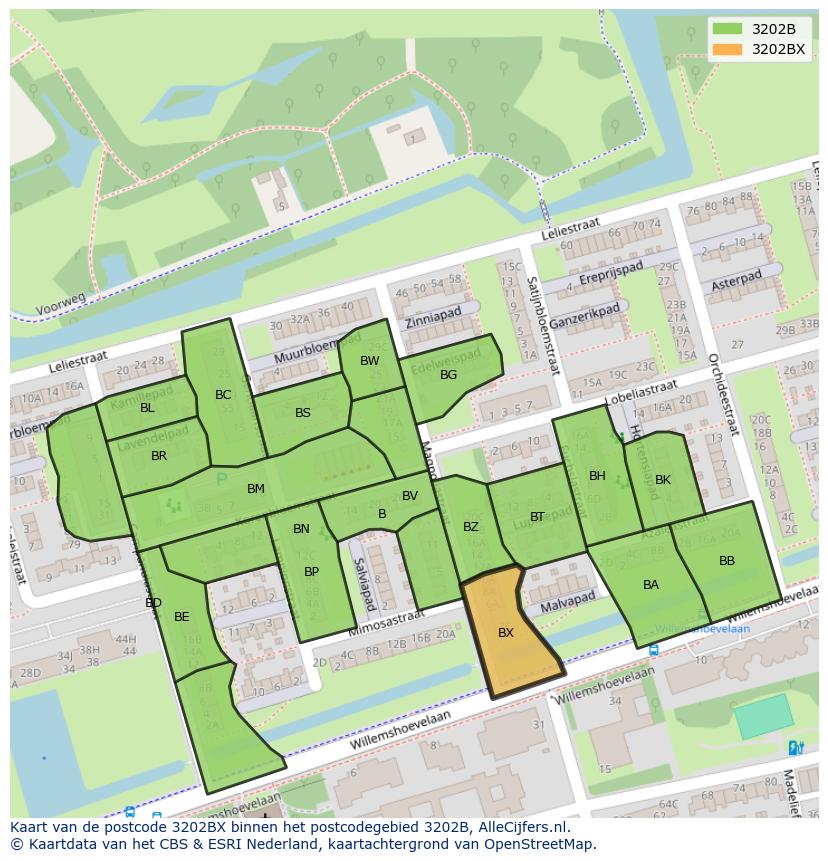 Afbeelding van het postcodegebied 3202 BX op de kaart.
