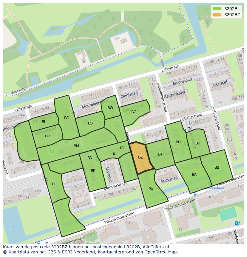 Afbeelding van het postcodegebied 3202 BZ op de kaart.