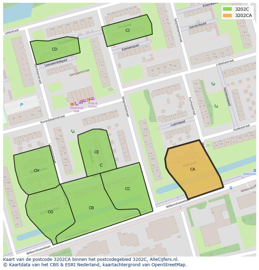 Afbeelding van het postcodegebied 3202 CA op de kaart.