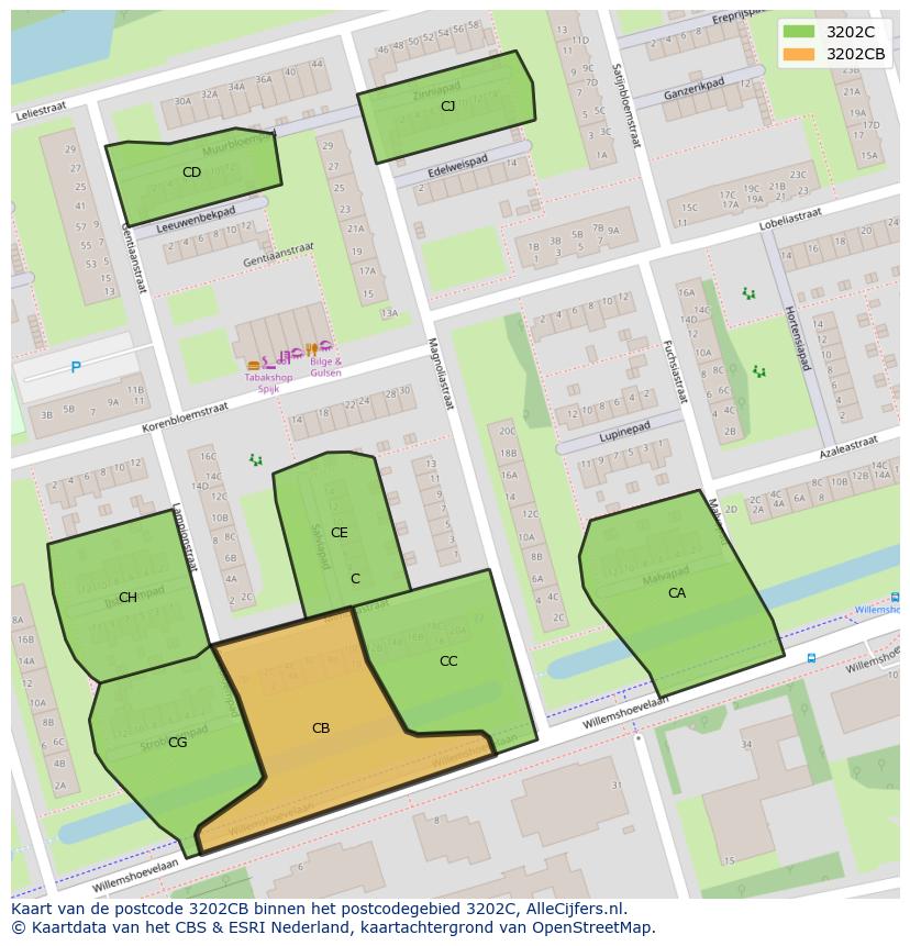 Afbeelding van het postcodegebied 3202 CB op de kaart.