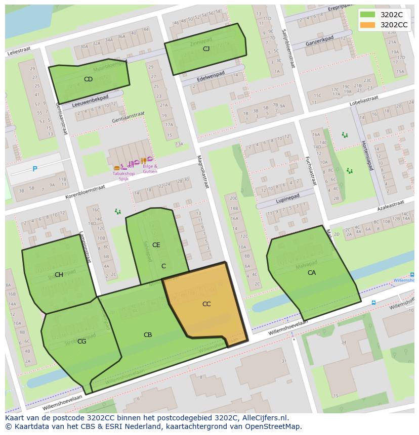 Afbeelding van het postcodegebied 3202 CC op de kaart.