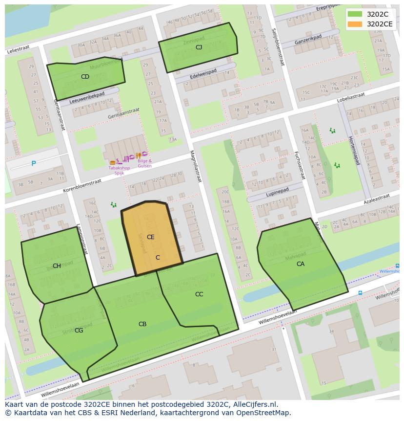 Afbeelding van het postcodegebied 3202 CE op de kaart.