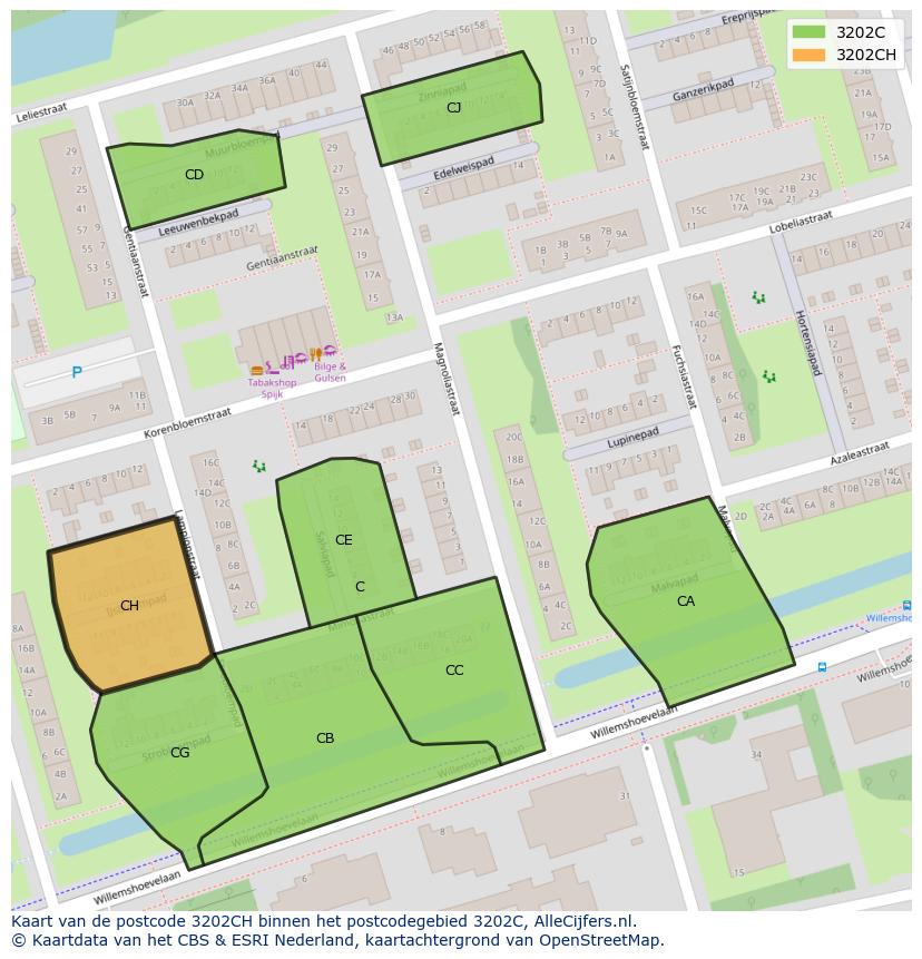 Afbeelding van het postcodegebied 3202 CH op de kaart.