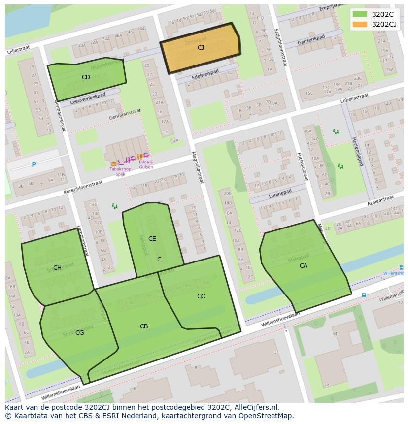 Afbeelding van het postcodegebied 3202 CJ op de kaart.