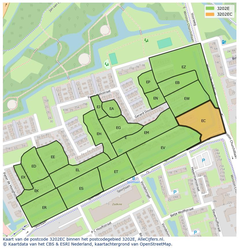 Afbeelding van het postcodegebied 3202 EC op de kaart.