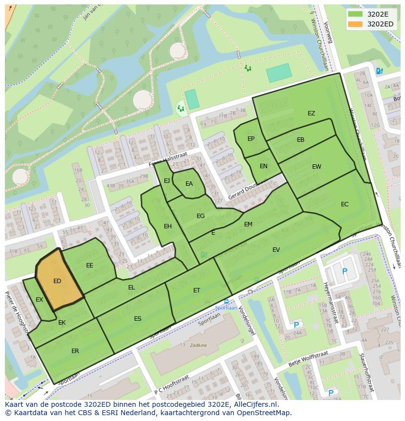 Afbeelding van het postcodegebied 3202 ED op de kaart.