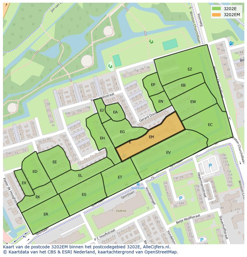 Afbeelding van het postcodegebied 3202 EM op de kaart.