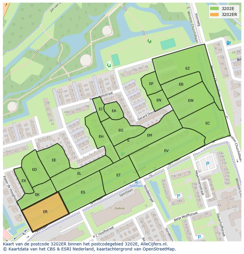 Afbeelding van het postcodegebied 3202 ER op de kaart.