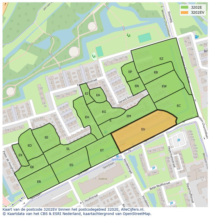 Afbeelding van het postcodegebied 3202 EV op de kaart.