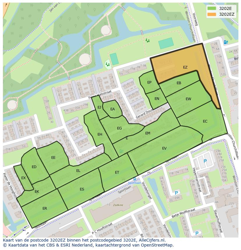 Afbeelding van het postcodegebied 3202 EZ op de kaart.