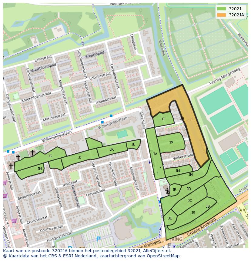 Afbeelding van het postcodegebied 3202 JA op de kaart.