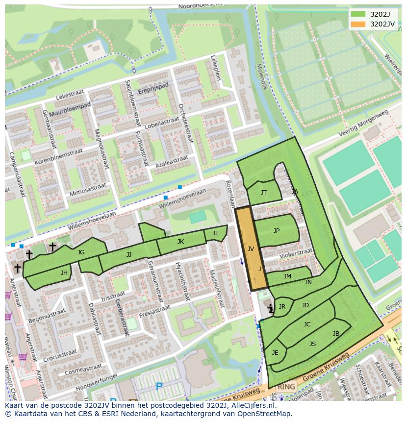Afbeelding van het postcodegebied 3202 JV op de kaart.