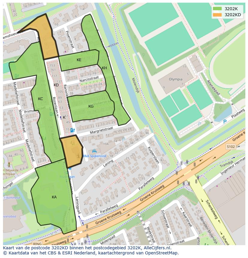 Afbeelding van het postcodegebied 3202 KD op de kaart.