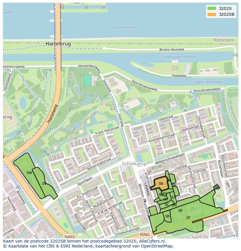 Afbeelding van het postcodegebied 3202 SB op de kaart.