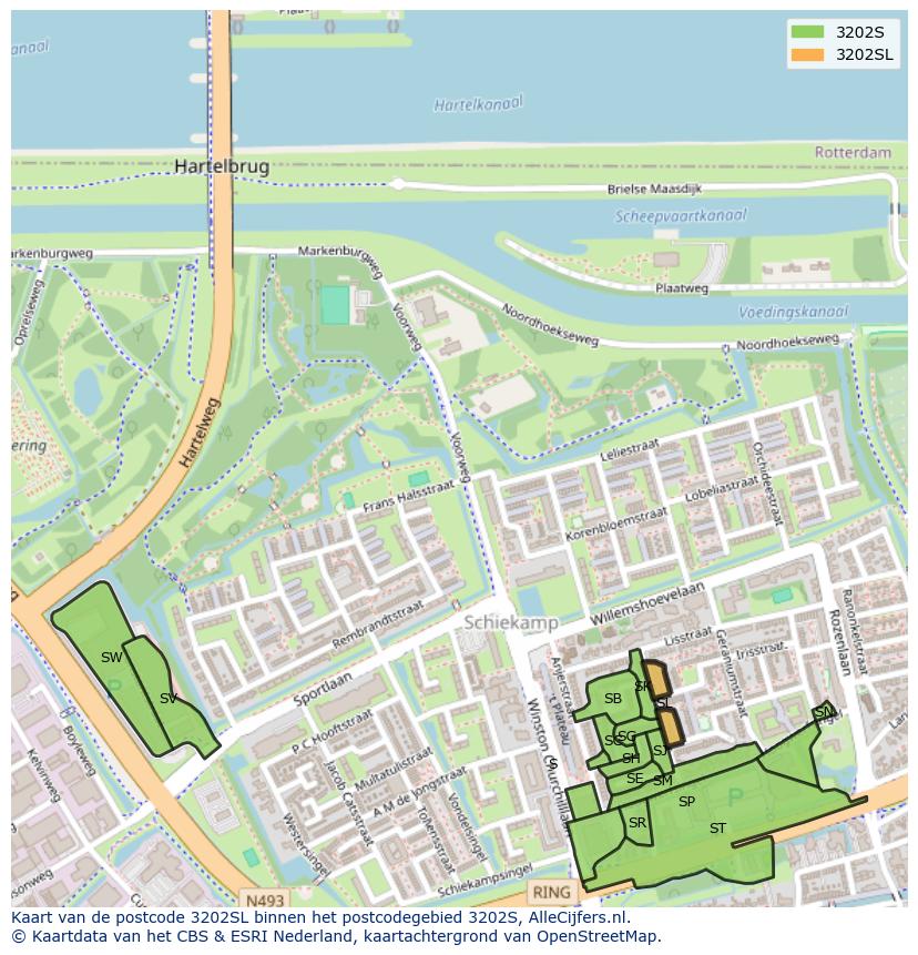 Afbeelding van het postcodegebied 3202 SL op de kaart.