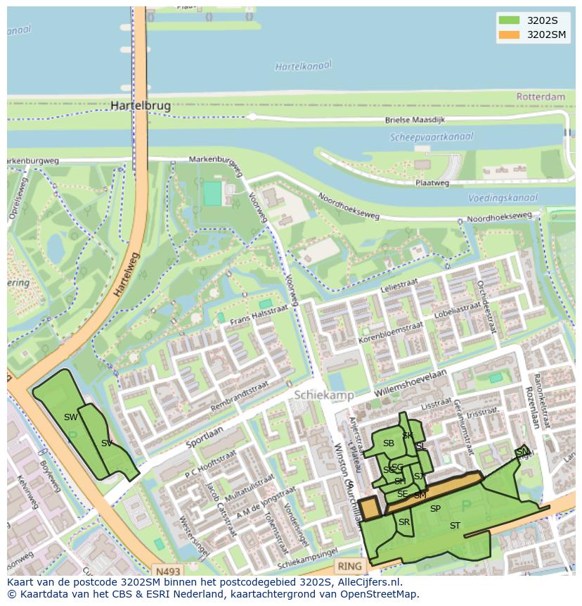 Afbeelding van het postcodegebied 3202 SM op de kaart.
