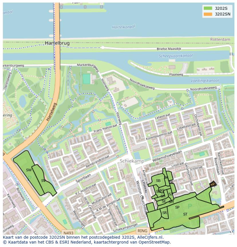 Afbeelding van het postcodegebied 3202 SN op de kaart.