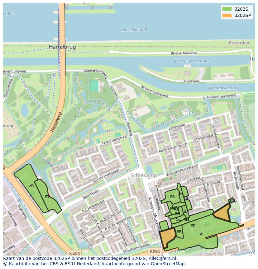 Afbeelding van het postcodegebied 3202 SP op de kaart.