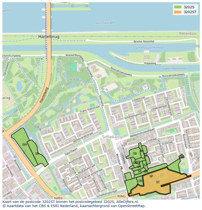 Afbeelding van het postcodegebied 3202 ST op de kaart.