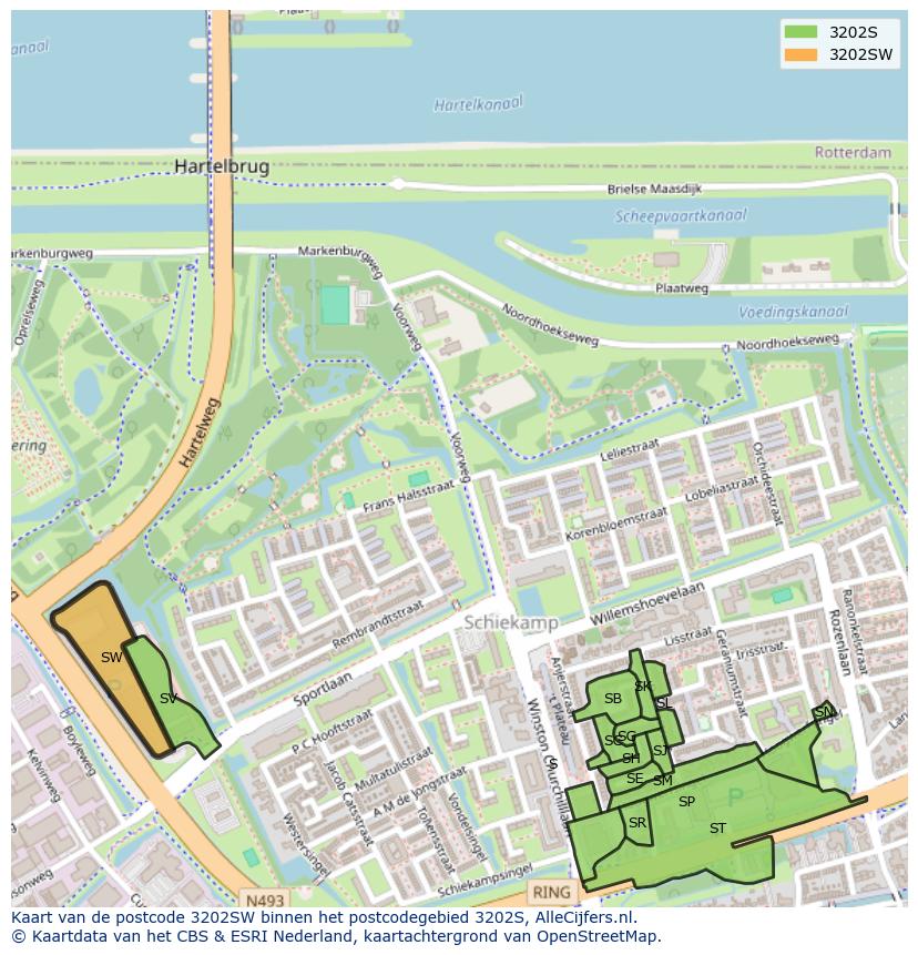 Afbeelding van het postcodegebied 3202 SW op de kaart.