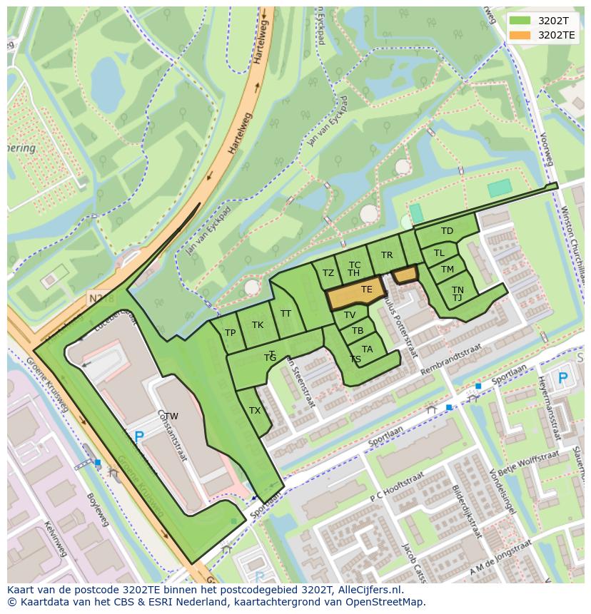 Afbeelding van het postcodegebied 3202 TE op de kaart.