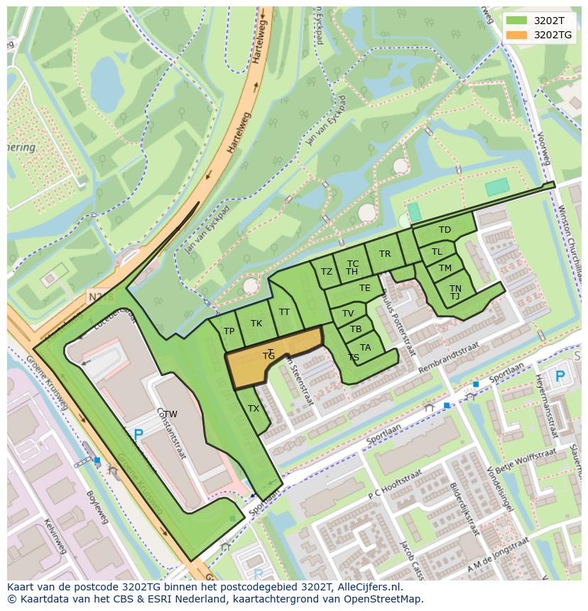 Afbeelding van het postcodegebied 3202 TG op de kaart.