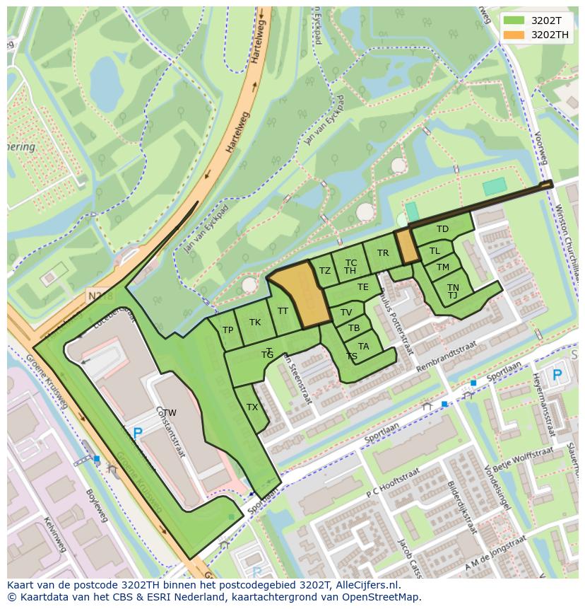 Afbeelding van het postcodegebied 3202 TH op de kaart.