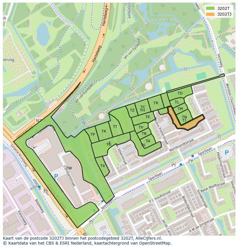 Afbeelding van het postcodegebied 3202 TJ op de kaart.