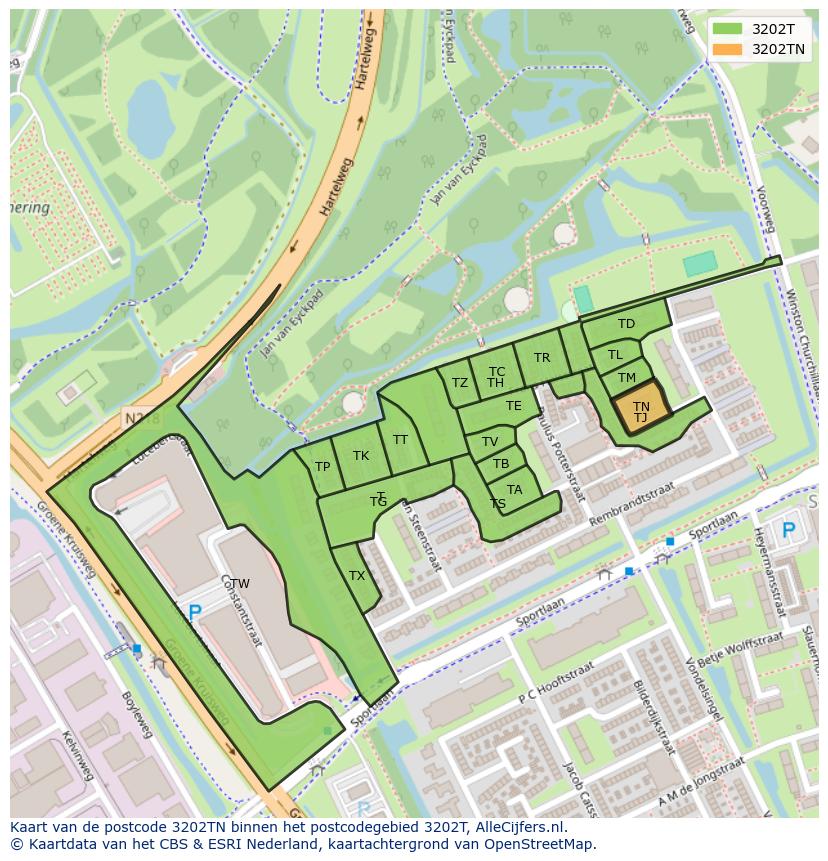 Afbeelding van het postcodegebied 3202 TN op de kaart.