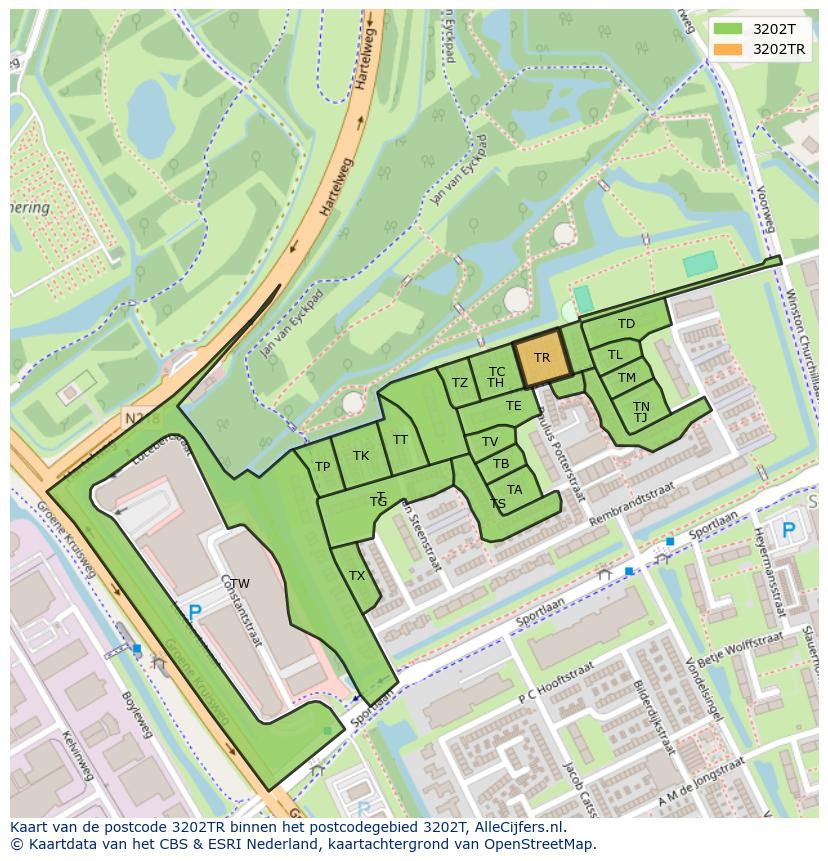 Afbeelding van het postcodegebied 3202 TR op de kaart.