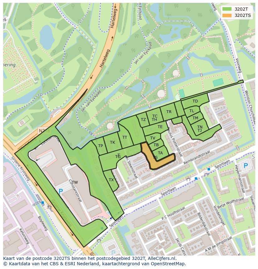 Afbeelding van het postcodegebied 3202 TS op de kaart.