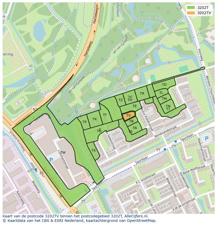 Afbeelding van het postcodegebied 3202 TV op de kaart.