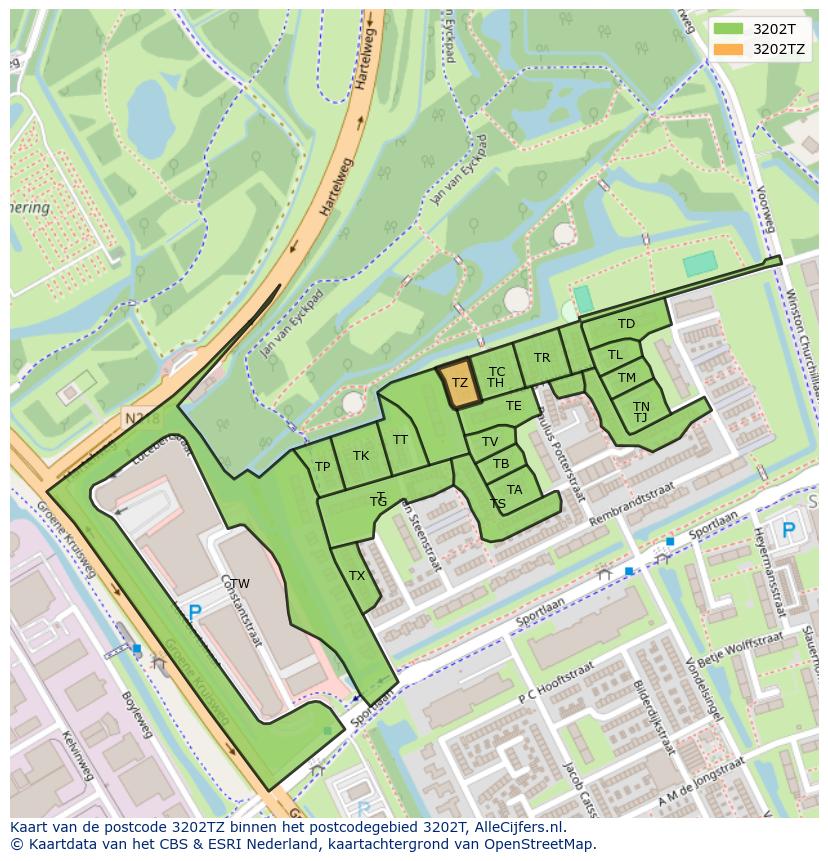 Afbeelding van het postcodegebied 3202 TZ op de kaart.