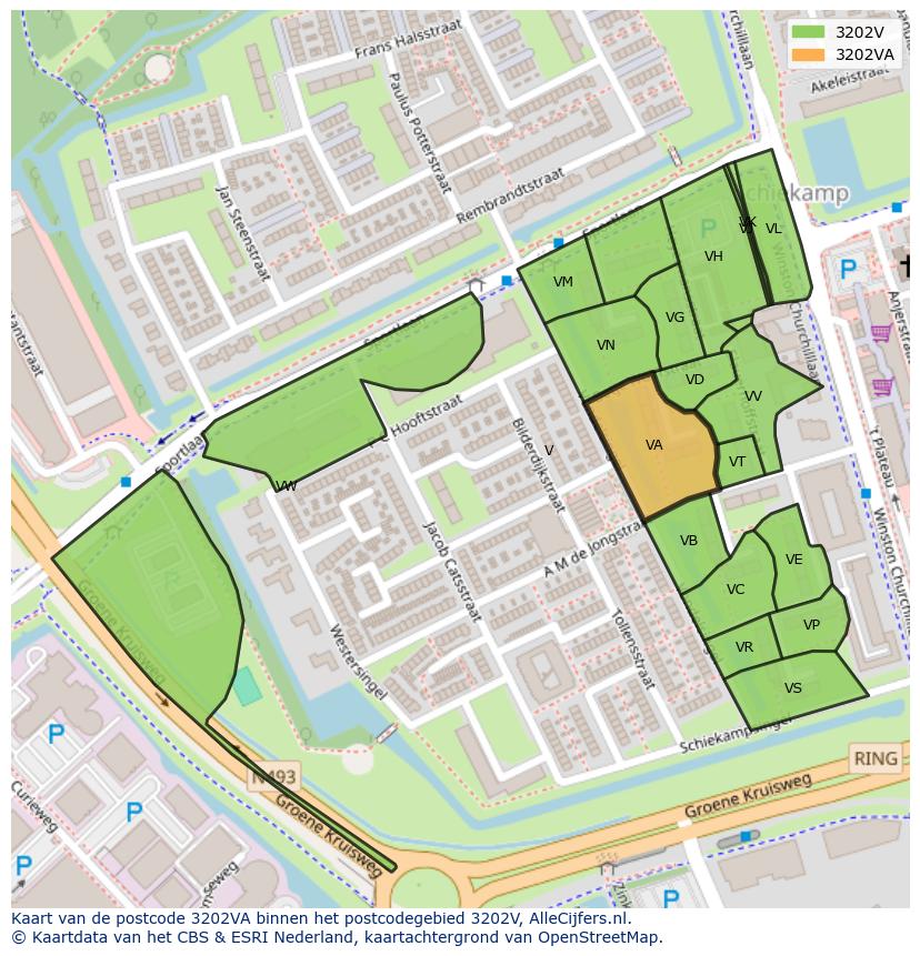 Afbeelding van het postcodegebied 3202 VA op de kaart.