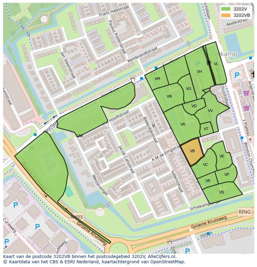 Afbeelding van het postcodegebied 3202 VB op de kaart.