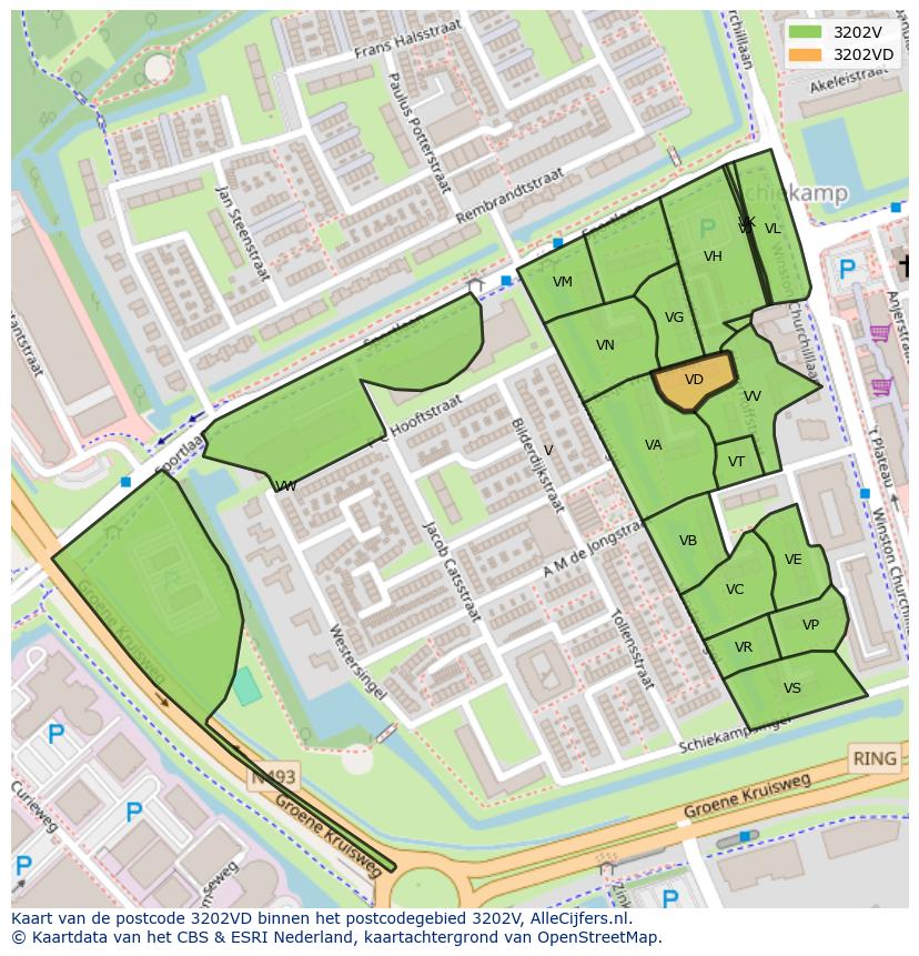 Afbeelding van het postcodegebied 3202 VD op de kaart.