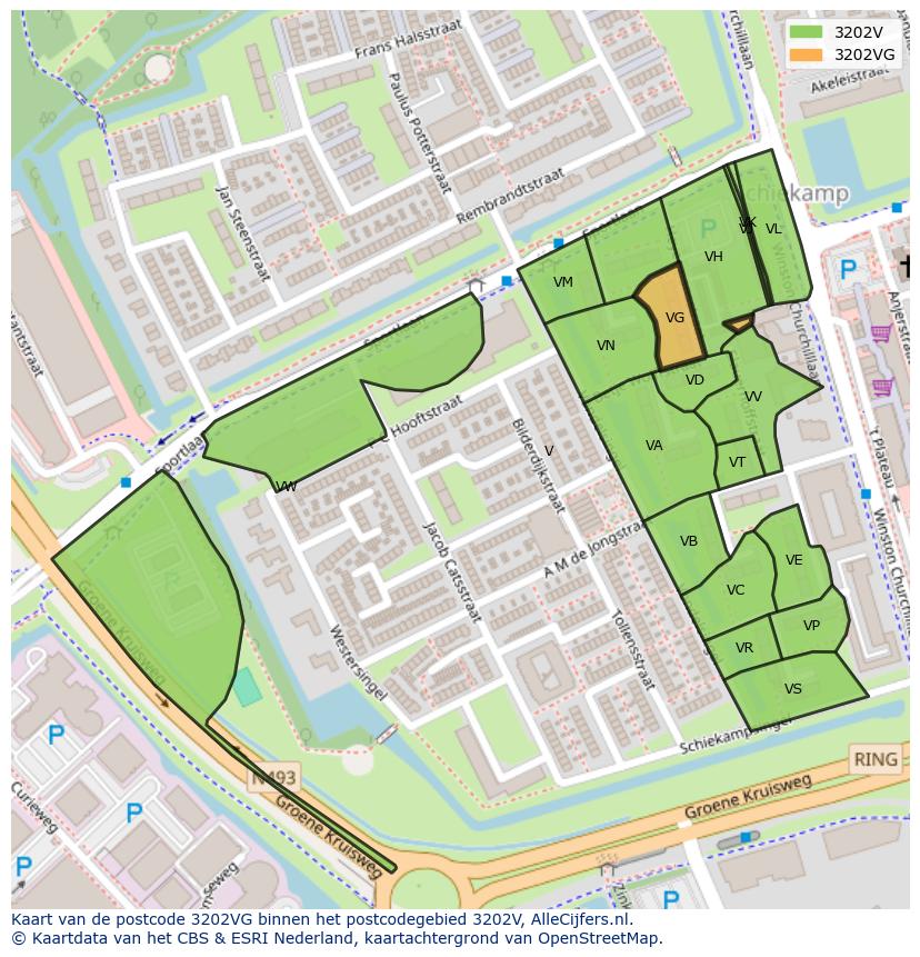 Afbeelding van het postcodegebied 3202 VG op de kaart.