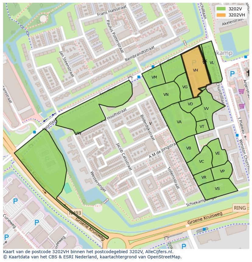 Afbeelding van het postcodegebied 3202 VH op de kaart.