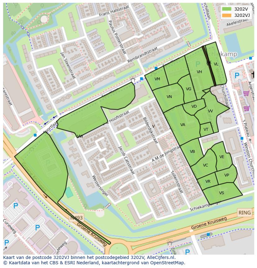Afbeelding van het postcodegebied 3202 VJ op de kaart.