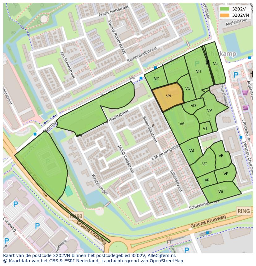 Afbeelding van het postcodegebied 3202 VN op de kaart.