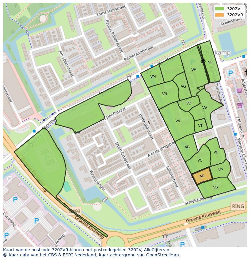 Afbeelding van het postcodegebied 3202 VR op de kaart.