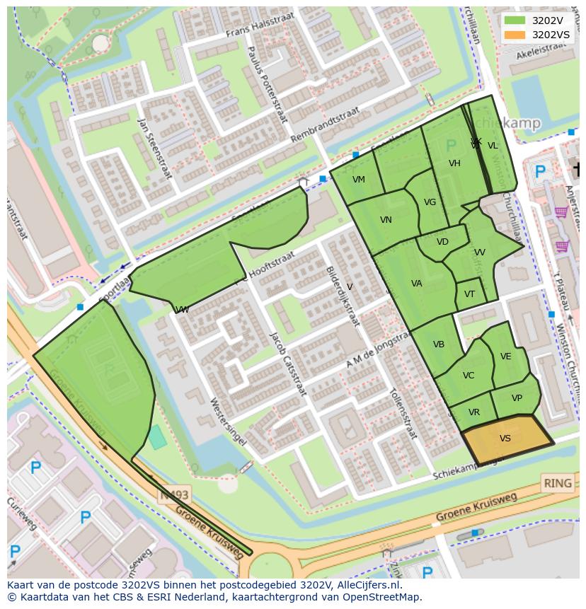 Afbeelding van het postcodegebied 3202 VS op de kaart.
