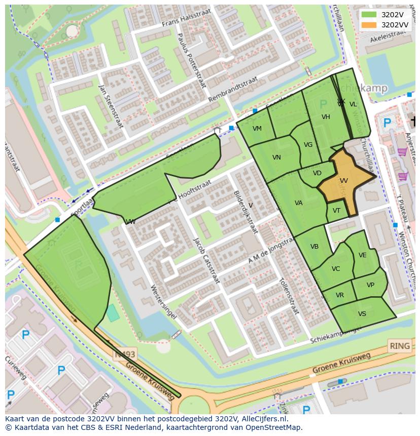 Afbeelding van het postcodegebied 3202 VV op de kaart.