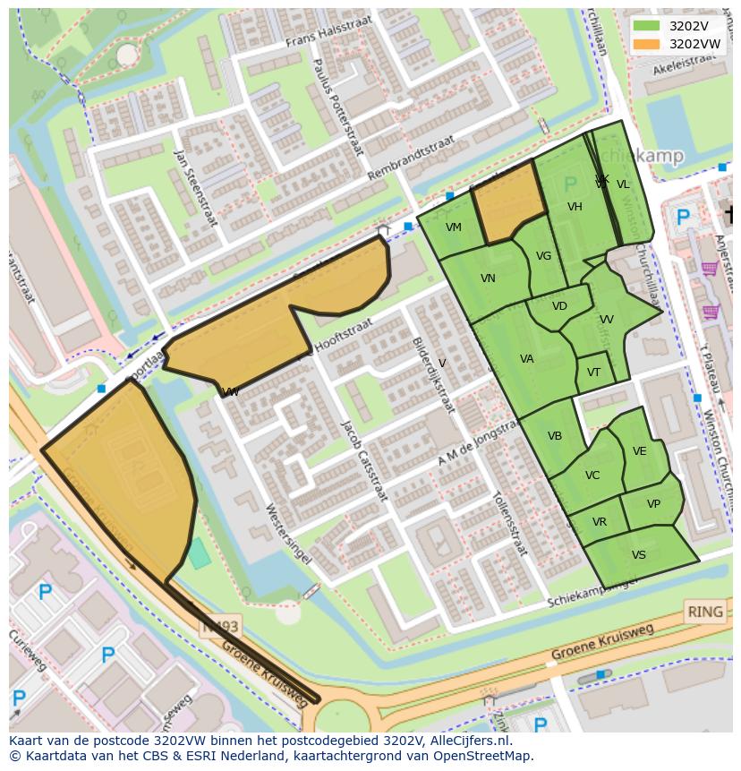Afbeelding van het postcodegebied 3202 VW op de kaart.